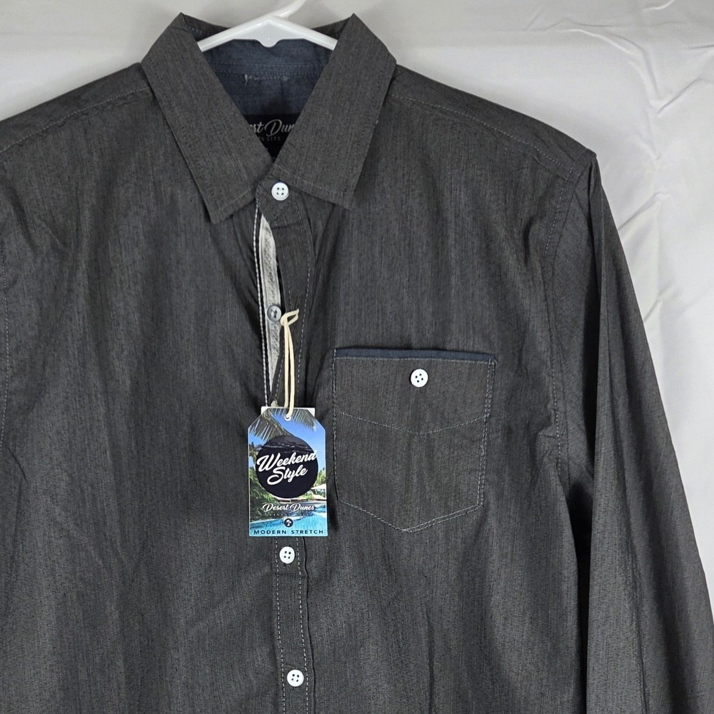 Desert Dunes Mens Grey Modern Stretch Button Down Shirt Weekend Style Medium NWT